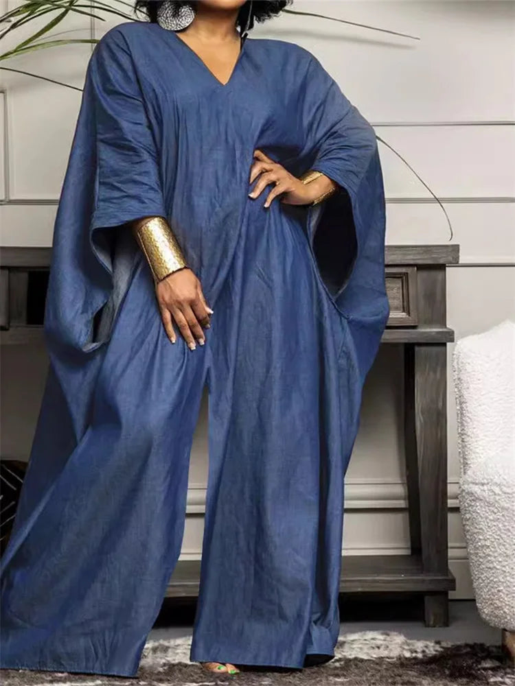 Women’s V-Neck Long Sleeve Wide-Leg Jumpsuit – Elegant High-Waist Calf-Length Polyester Romper