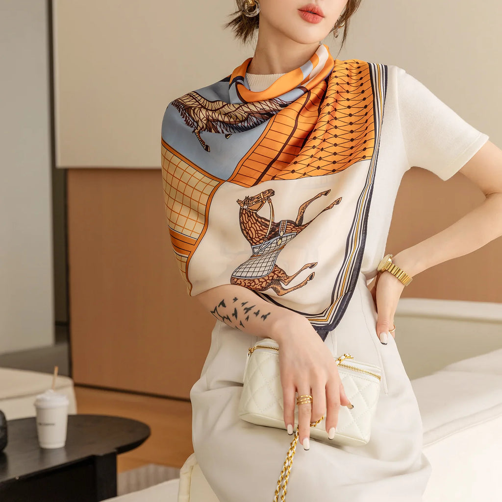 Luxury Horse Print Square Scarf - Vintage Imitation Silk Shawl Head Wrap, Windproof, 110 x 110 cm (43.3 x 43.3 in)