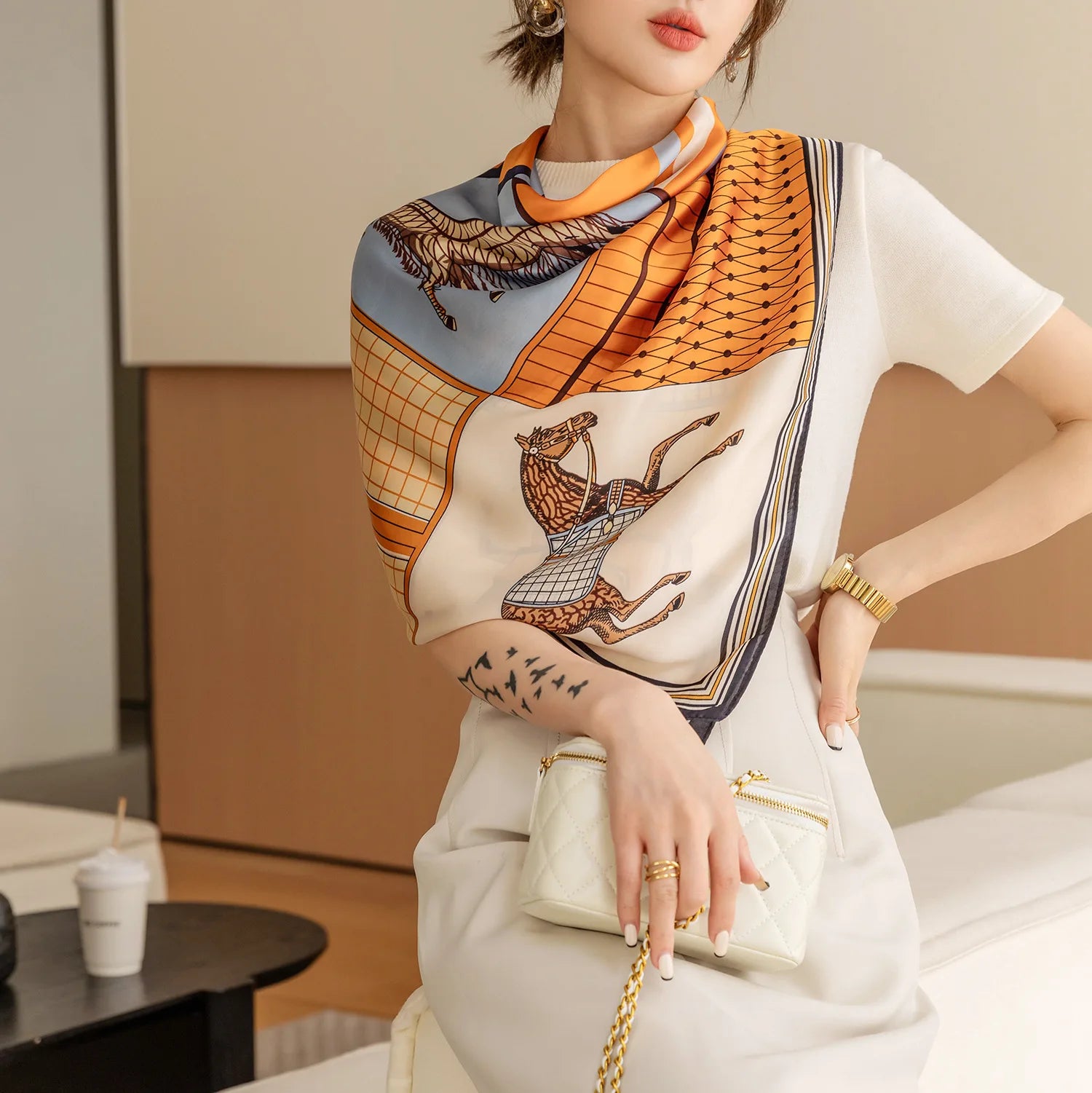 Luxury Horse Print Square Scarf - Vintage Imitation Silk Shawl Head Wrap, Windproof, 110 x 110 cm (43.3 x 43.3 in)