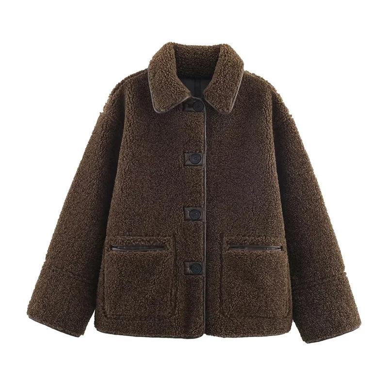 Reversible Faux Fur & Leather Corduroy Overcoat - Women's Autumn Winter Jacket