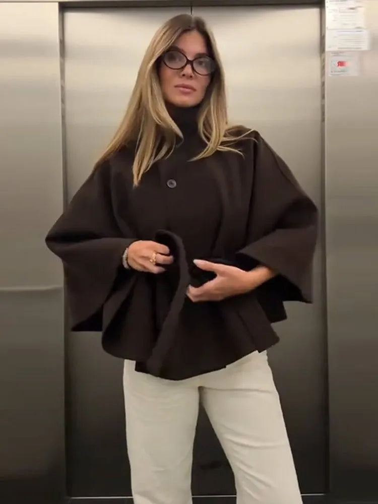 Faux Fur Cloak Jacket for Women – Stand Collar Three-Button Belted Wide-Sleeve Coat, Casual Chic Outerwear