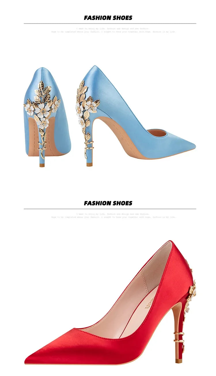 Women's Satin Pointed-Toe Stiletto Pumps with Metal Flower Detail — High Heel Wedding Shoes