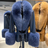 YOLOAgain Women's Genuine Sheepskin Leather Jacket with Real Fox Fur Detachable Collar & Sleeves - Belted Pockets, Autumn/Winter