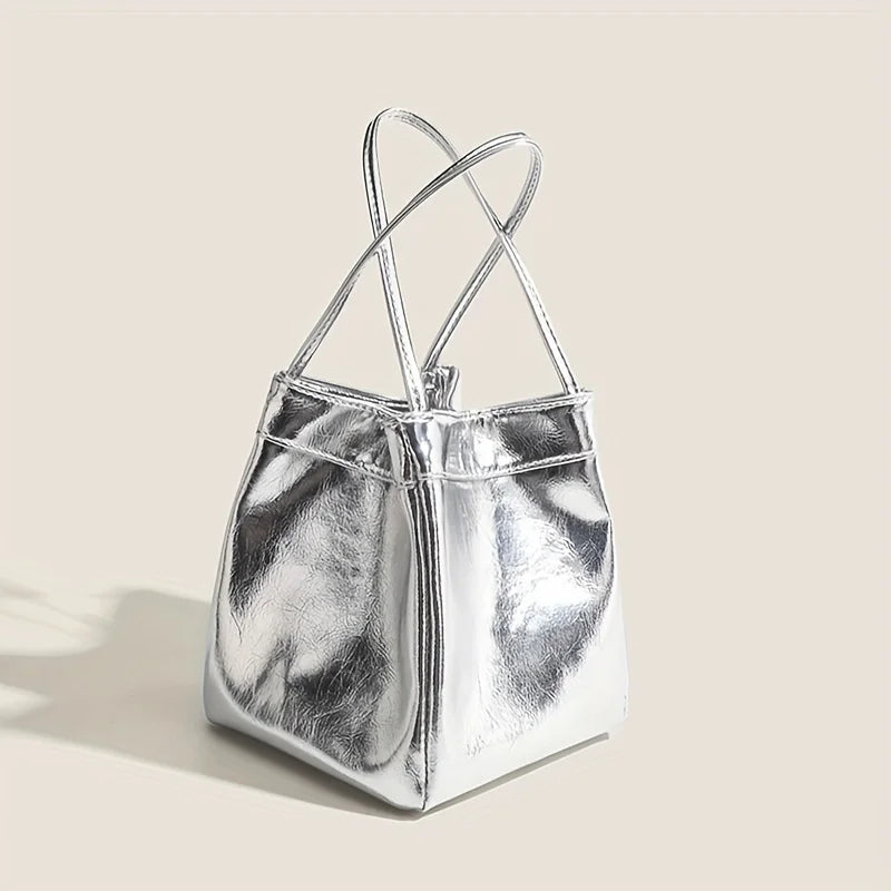 Sparkling Silver Mini Drawstring Bucket Bag - PU Sparkling Handbag with Matching Wallet