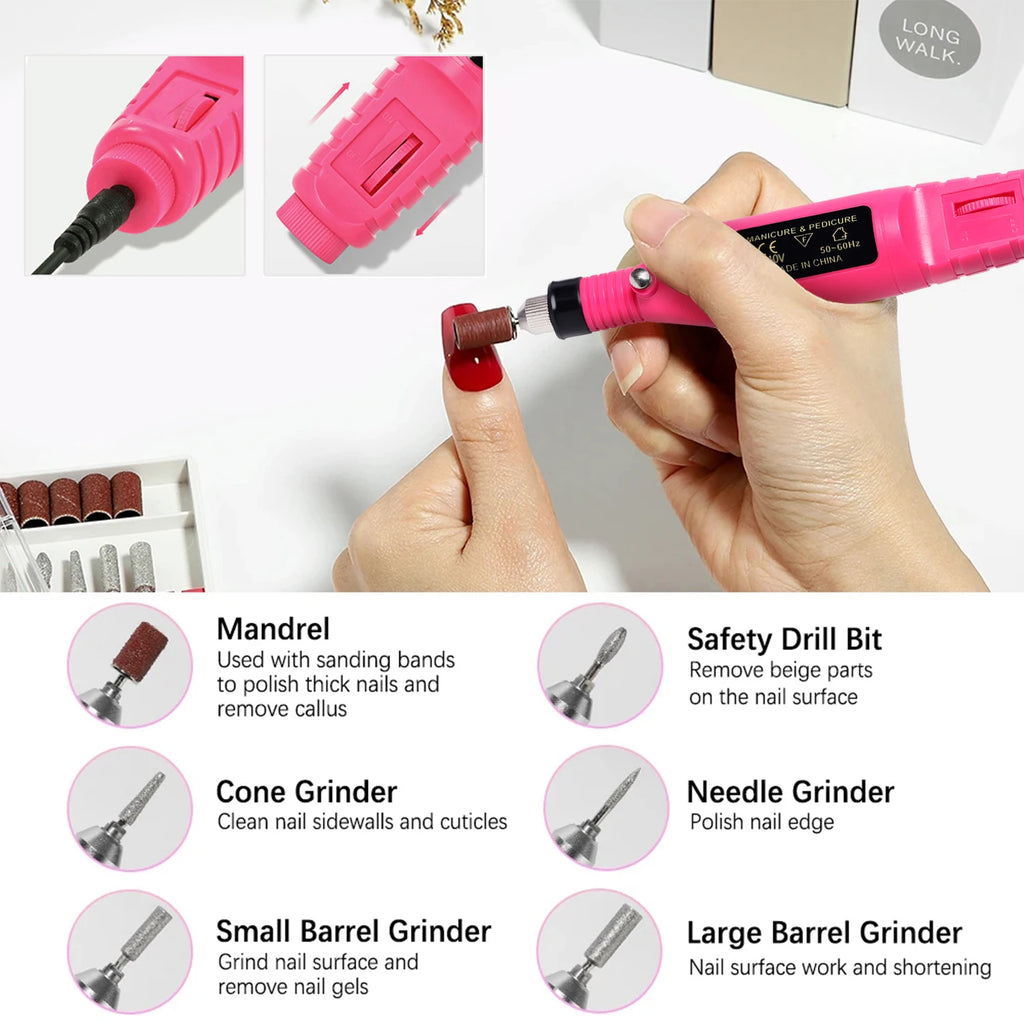 Electric Nail Drill Kit - Portable Professional Manicure & Pedicure Nail Sander, 20,000 RPM, 6 Bits & 6 Sand Bands