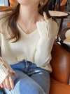 Long Sleeve V-Neck Button Knit Pullover Sweater for Women — Autumn/Winter Loose Fit Solid Jersey Top