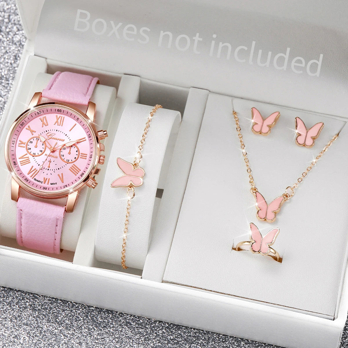 5/6-Piece Women's Quartz Leather Strap Watch Set with Heart Rhinestone Charm - Analog Fashion Wristwatches (Box Not Included)