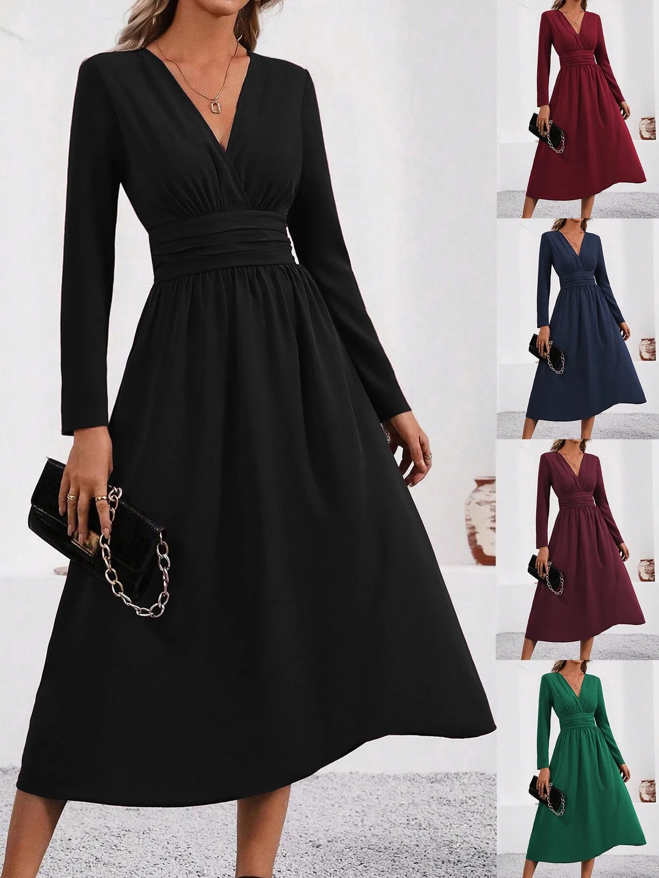 Women's Knit V-Neck Long Sleeve Midi Maxi Dress with Shirred Waist - Fall/Winter Solid Color