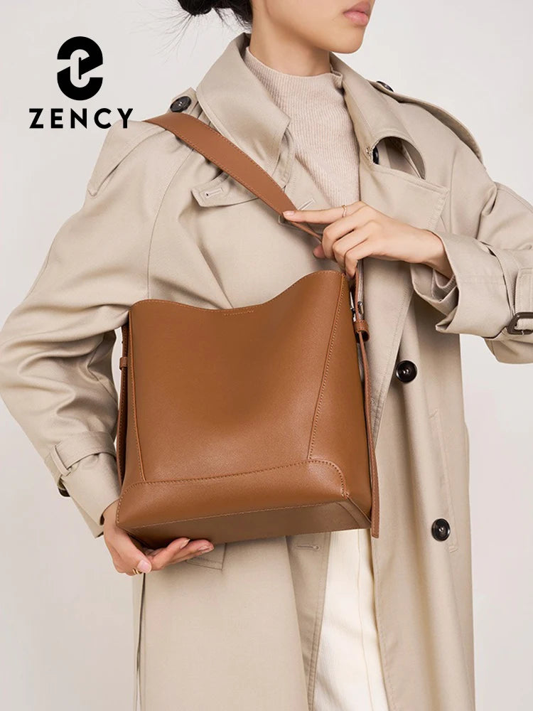 Zency Two-Layer Split Leather Large Bucket Shopper Shoulder Tote Bag – Commuter Handbag for Women
