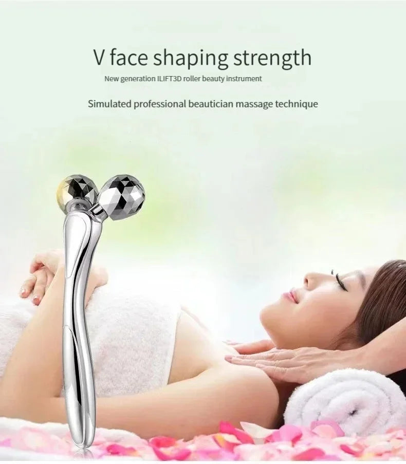 RUZOFO 3D V-Shape Facial Roller Massager — Portable Waterproof Face & Full-Body Lifting Roller, Electroplated Silver
