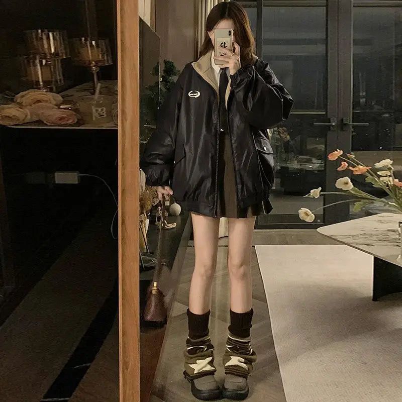 Reversible PU Leather Jacket with Lambswool Lining – Velvet & Cotton-Padded Women's Winter Biker Coat, Patchwork Streetwear