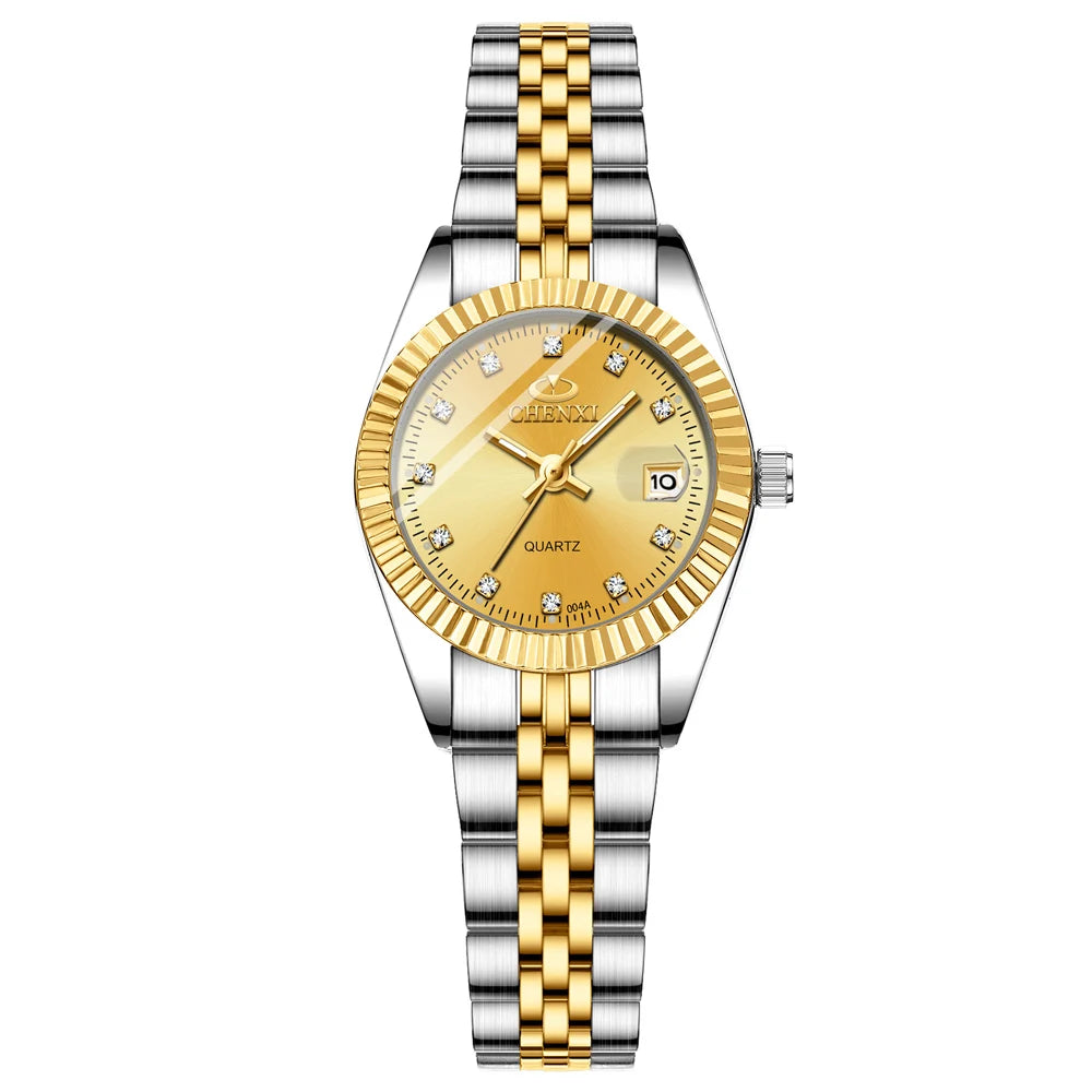 CHENXI Women's Gold Stainless Steel Quartz Watch – Small 26mm (1.02 in) Round Dial Dress Bracelet Wristwatch
