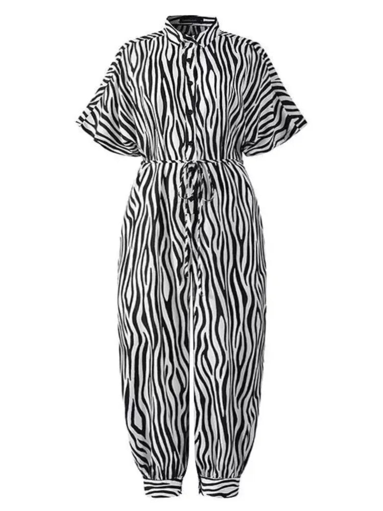 Women's Short Sleeve Lace-Up Dot Leopard Print Jumpsuit with Pockets, Casual Vintage Wide-Leg Ankle-Length