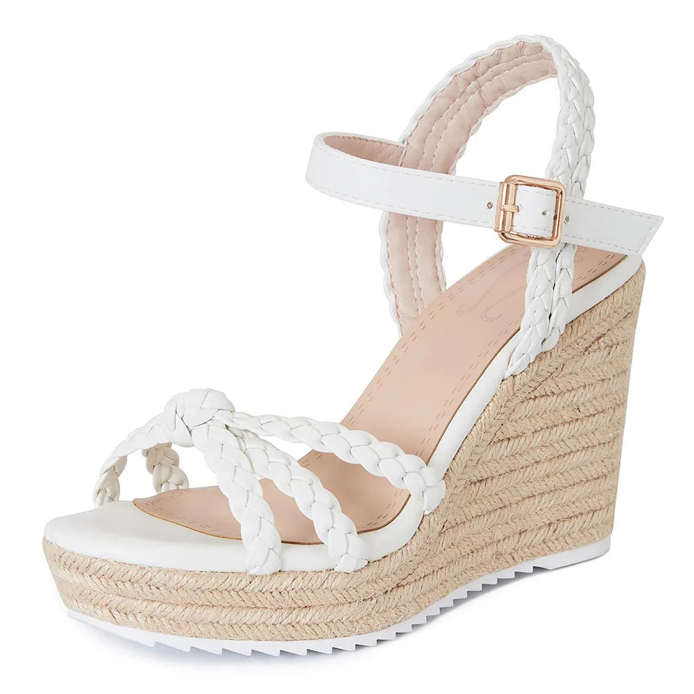 GIGIFOX Straw Woven Wedge Sandals for Women High Platform Buckle Strap Round Toe Boho