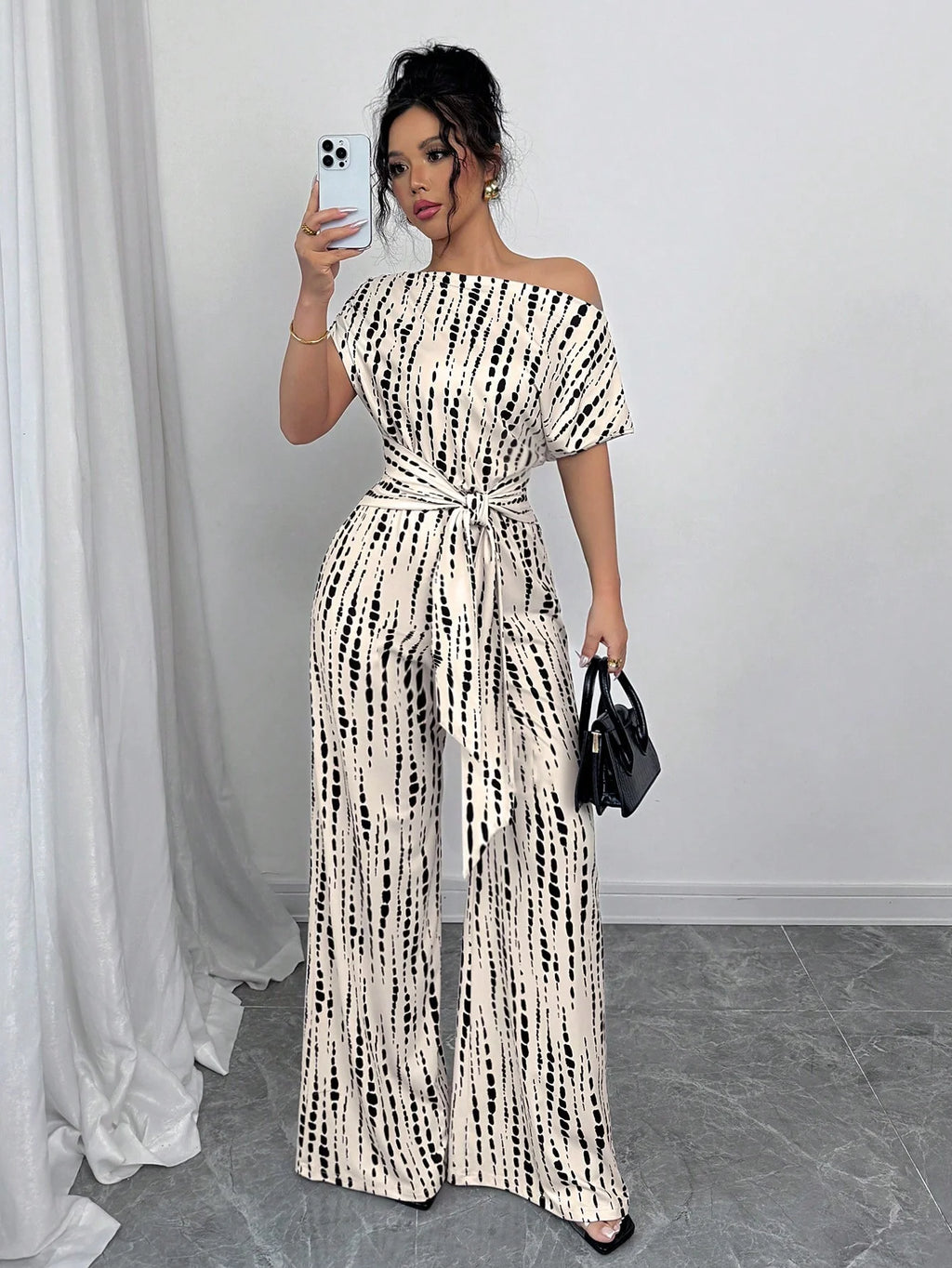 Striped Asymmetric Strap Wide-Leg Jumpsuit – Women's Summer Vacation Outfit