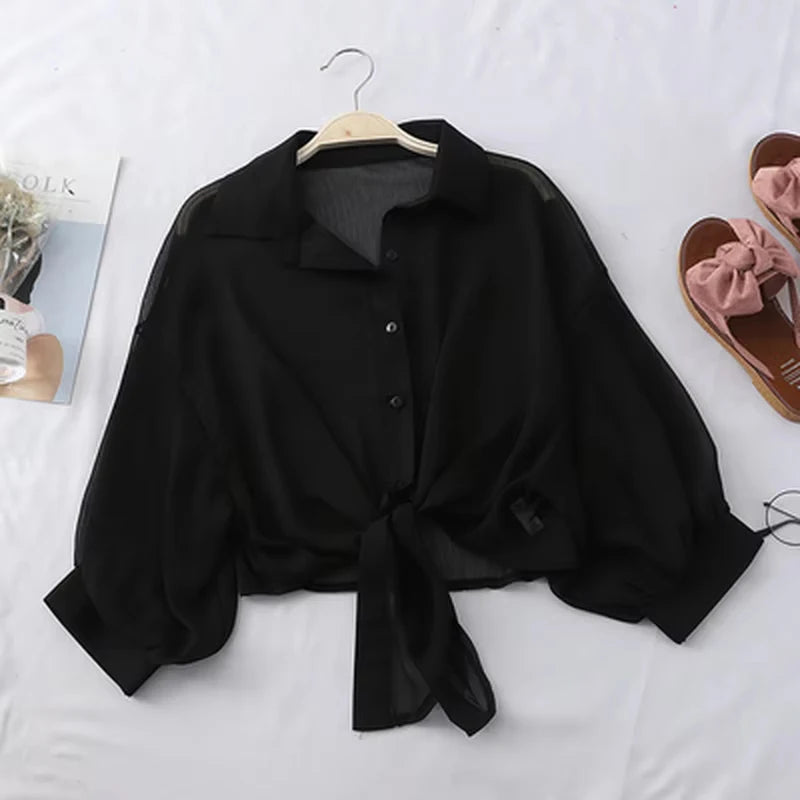 Women's Chiffon Tie Waist Blouse Batwing Half Sleeve Summer Casual Hollow Button Top White