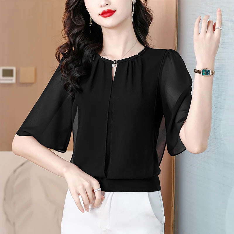 Women's Half-Sleeve Chiffon Blouse - Loose Casual Solid Color Pullover Top