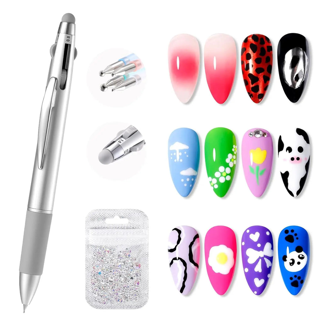 5-in-1 Double-Ended Nail Dotting Pen – 4 Stainless Steel Tips (0.8/1.0/1.6/2.0 mm) + Silicone Head for Chrome, Gradient & Rhinestones