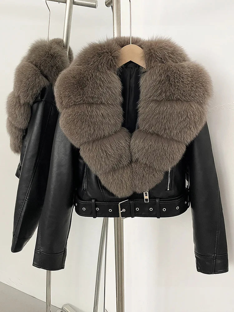 ZMEENNA Women's Faux Leather Moto Jacket with Detachable Faux Fur Collar - Short Warm Winter Coat