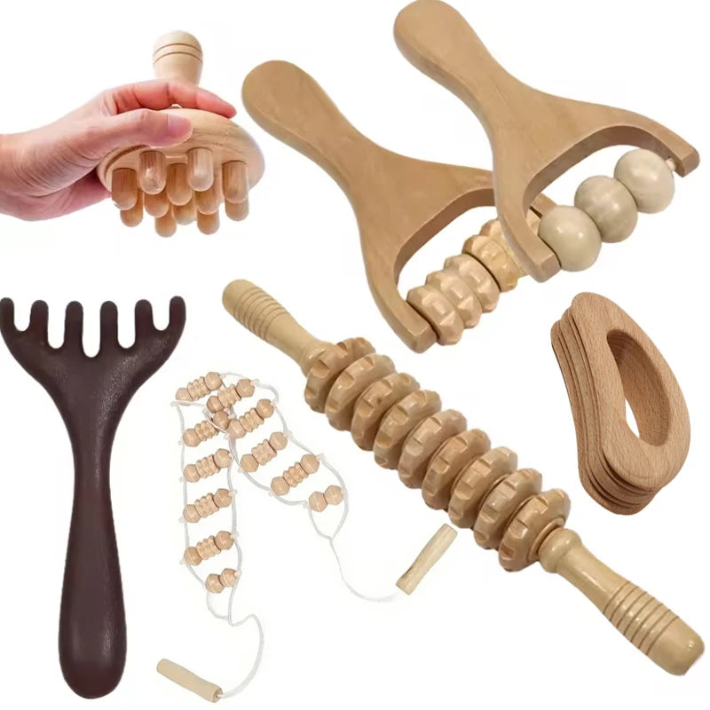 Wooden Handheld Massage Roller and Gua Sha Tool – Full-Body Trigger Point Massager for Women & Men