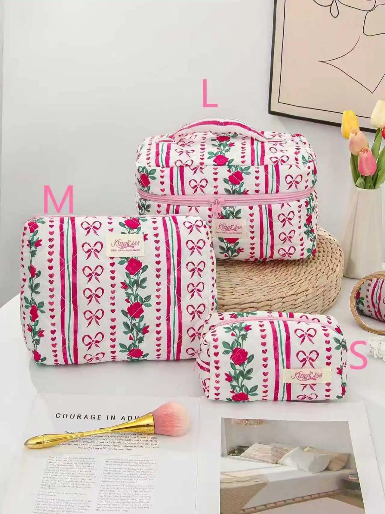 Quilted Cotton Makeup Bag – Zipper Cosmetic Organizer Box-Shaped Toiletry Case for Women & Girls