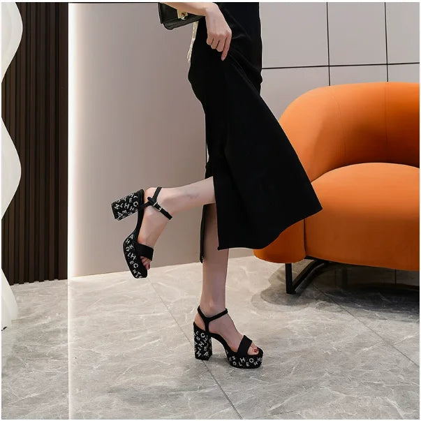 Women's Sequin Rhinestone Crystal High-Heel Pumps – Bling Wedding & Party Square-Heel Dress Shoes