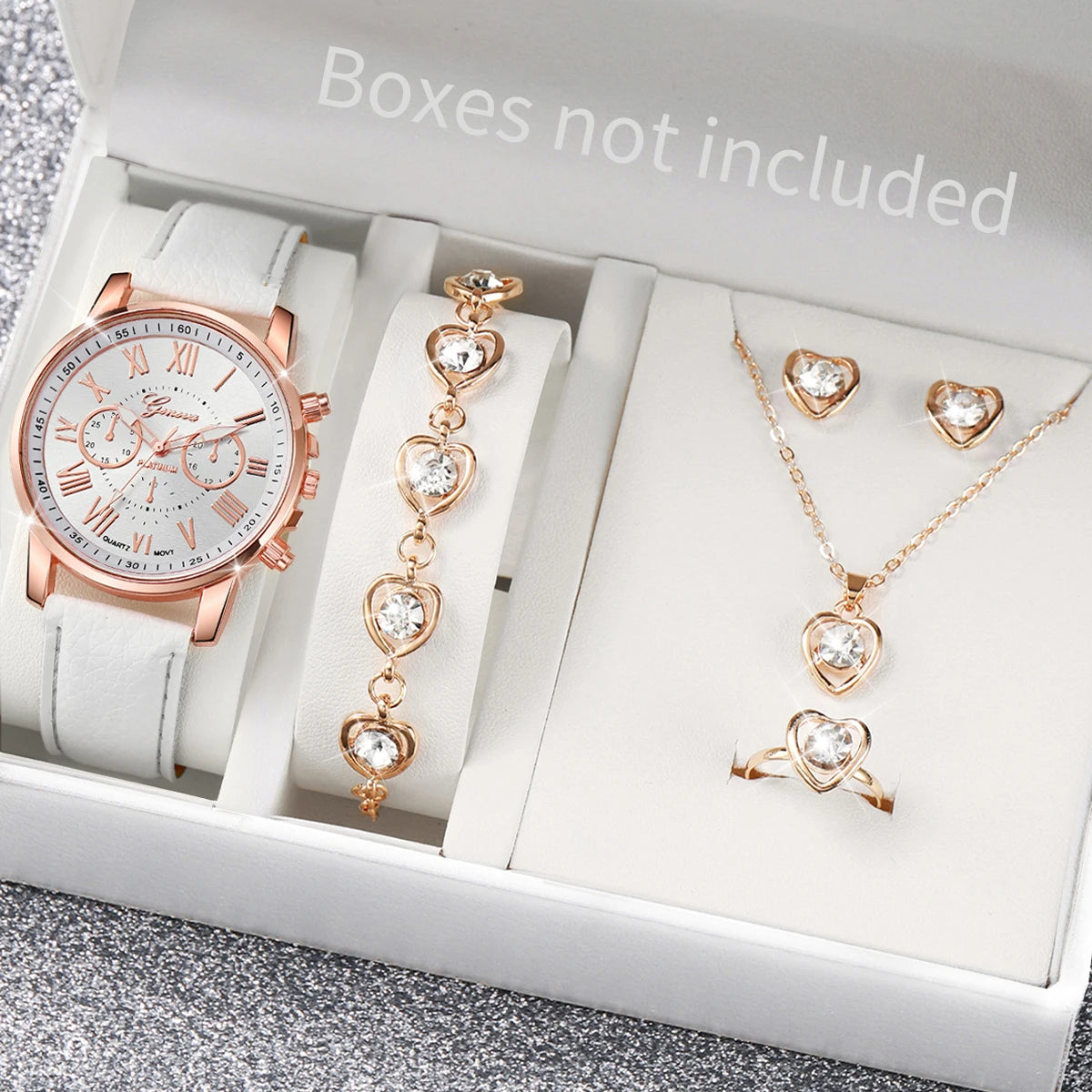 5/6-Piece Women's Quartz Leather Strap Watch Set with Heart Rhinestone Charm - Analog Fashion Wristwatches (Box Not Included)