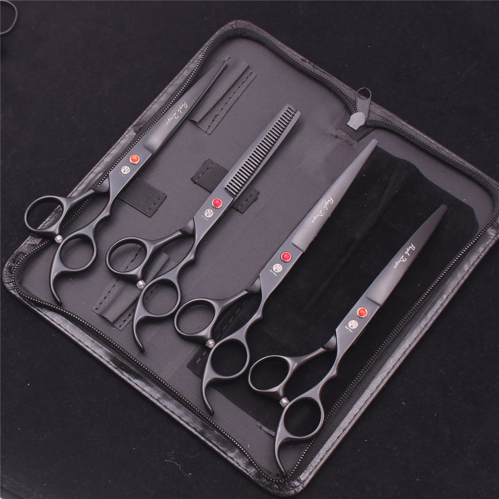 7-Inch (17.8 cm) Japanese 440C Pet Grooming Scissors Set — Straight 7 in, Curved 7 in, Thinning 6.5 in (16.5 cm) for Dog & Cat Grooming with Comb & Hemostatic Forceps