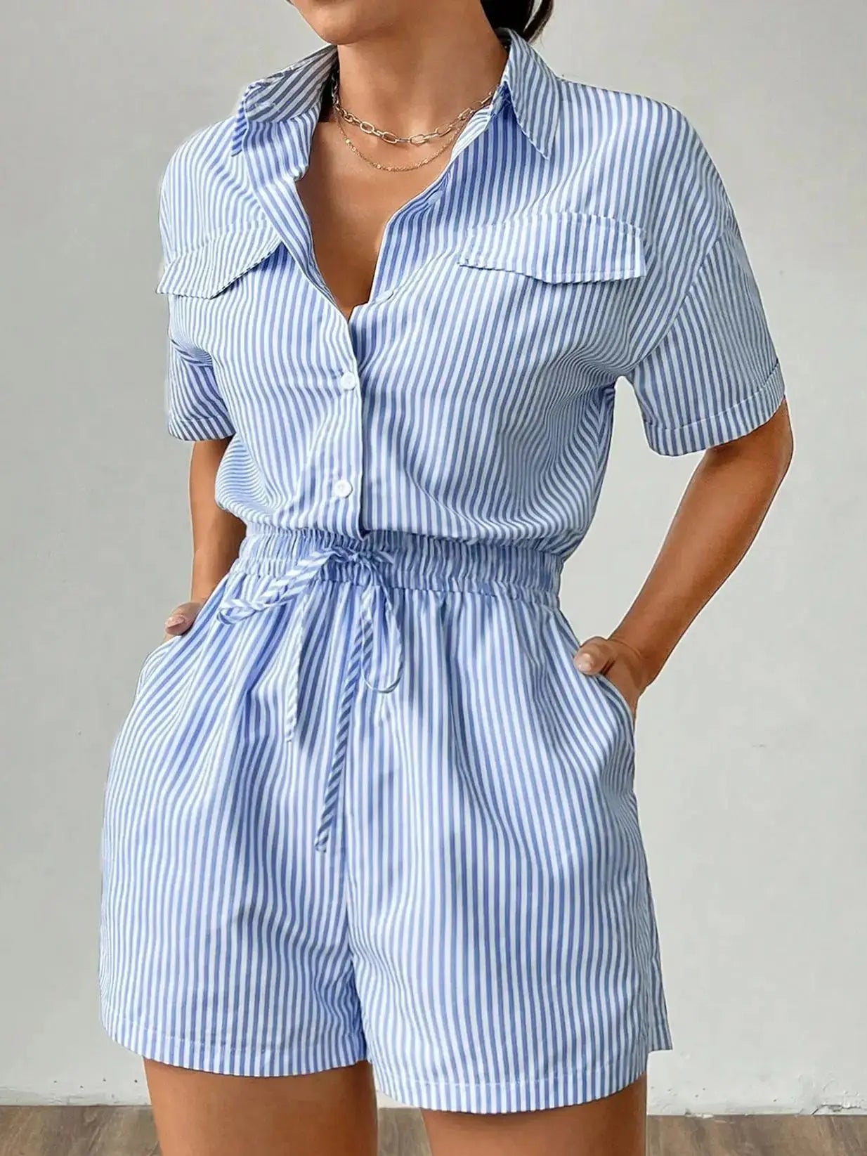 Women’s Blue & White Striped Short-Sleeve Jumpsuit Romper – Drawstring Waist, Office Casual Summer Shorts