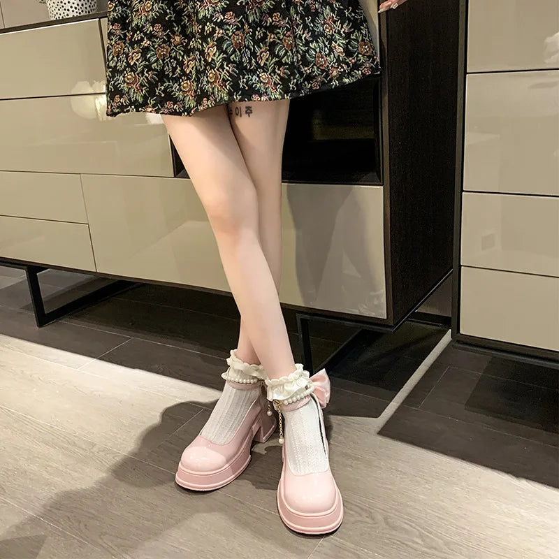 Pink Beaded Mary Jane Heels – Round Toe Platform Pumps with Square Heel, Spring/Autumn Party Shoes