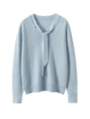 100% Cashmere Ribbon V-Neck Pullover Sweater for Women - Soft French Retro Knit Autumn/Winter