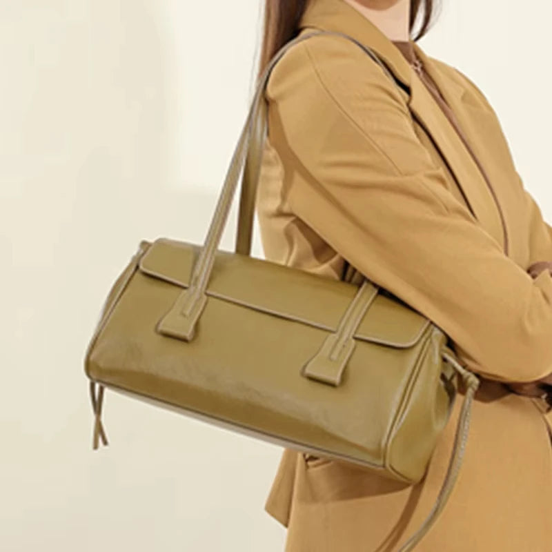 Genuine Cowhide Leather Women's Shoulder Bag Large Capacity Black Baguette Handbag with Long Strap