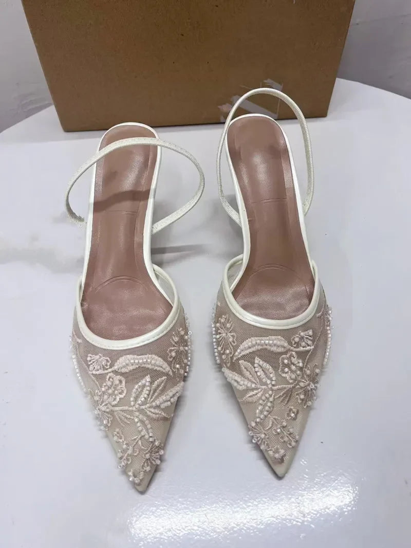 Women's Mesh Pointed Toe Stiletto Mules Open Heel High Heels Animal Print Floral Pumps