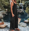 Women's Backless Jumpsuit with Threaded Back – Solid Flare-Leg Mid-Waist Summer Beach Style (Polyester/Spandex)