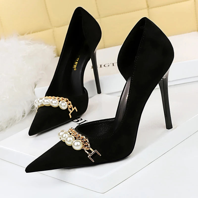 BIGTREE Women's Pearl Chain Stiletto Pumps – Pointed Toe High Heels for Party & Banquet