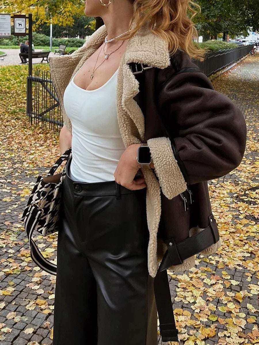 Women's Faux Lamb Fur Short Leather Bomber Jacket – Lapel Zipper Aviator Biker Coat