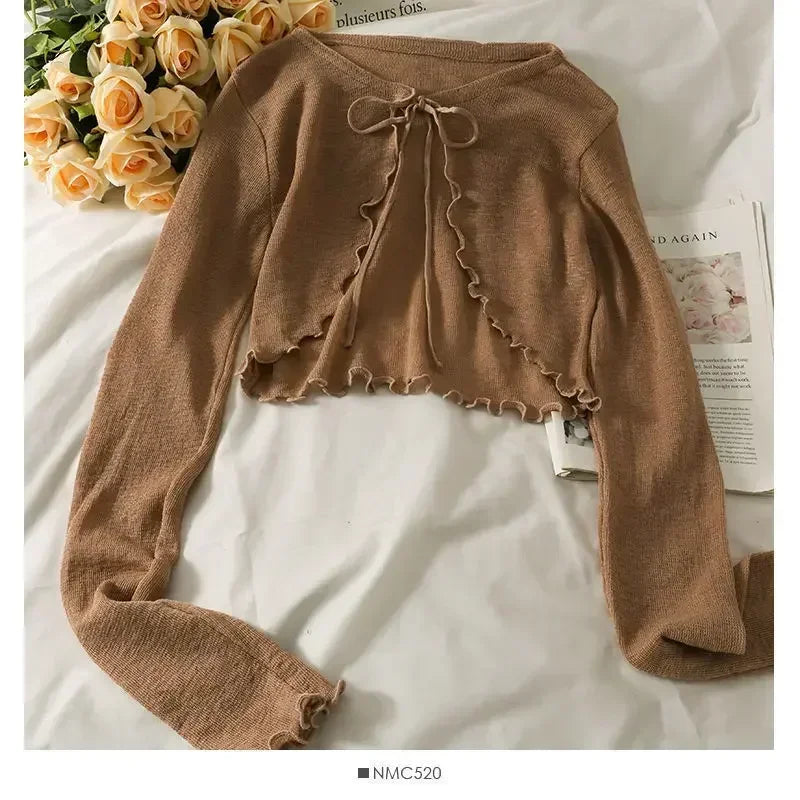 Women's Lace-Up Bow Crop Cardigan - V-Neck Knit Long Sleeve Korean Aesthetic Top