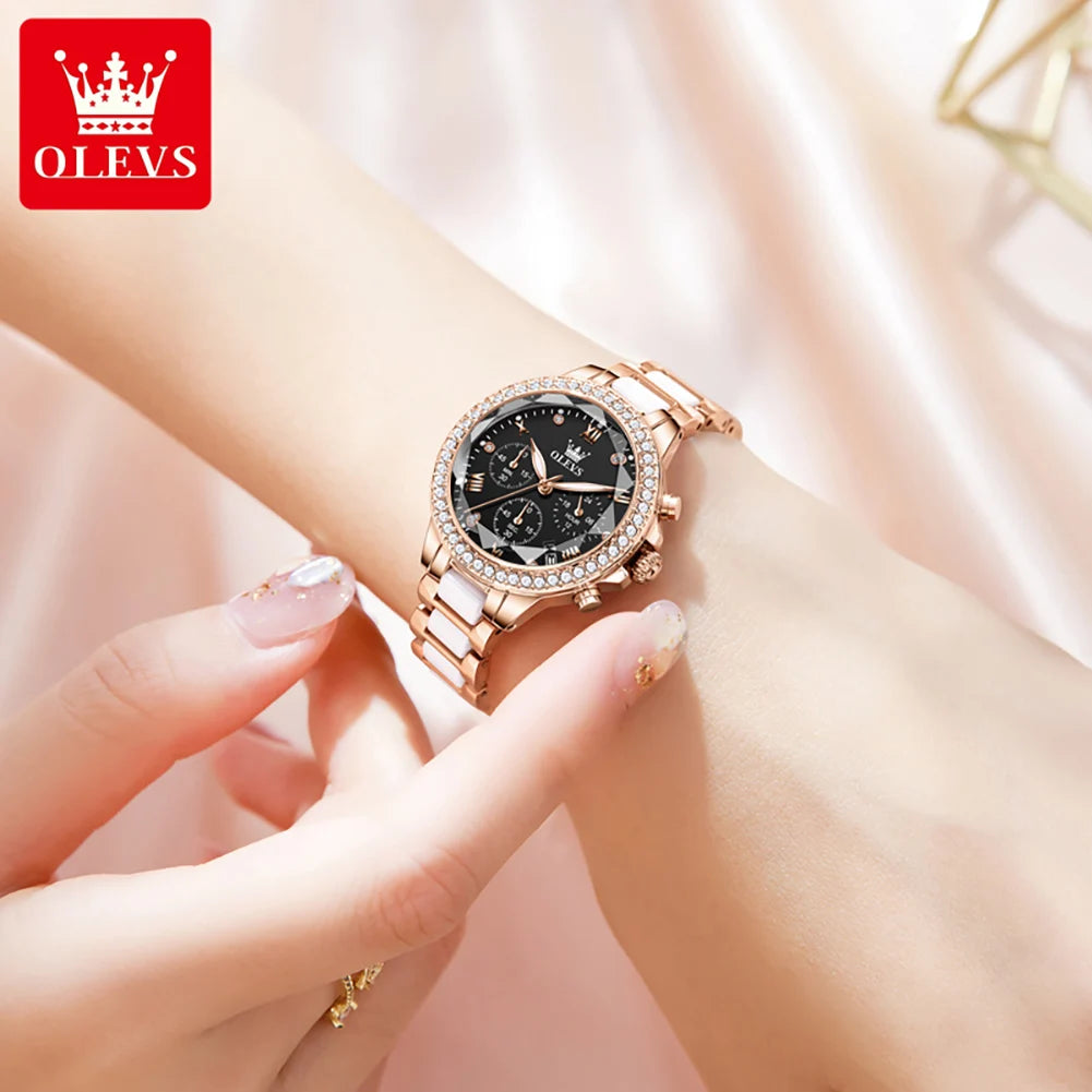 OLEVS Women's Ceramic 35mm Quartz Chronograph Watch - Waterproof Luminous Date Elegant Dress Wristwatch