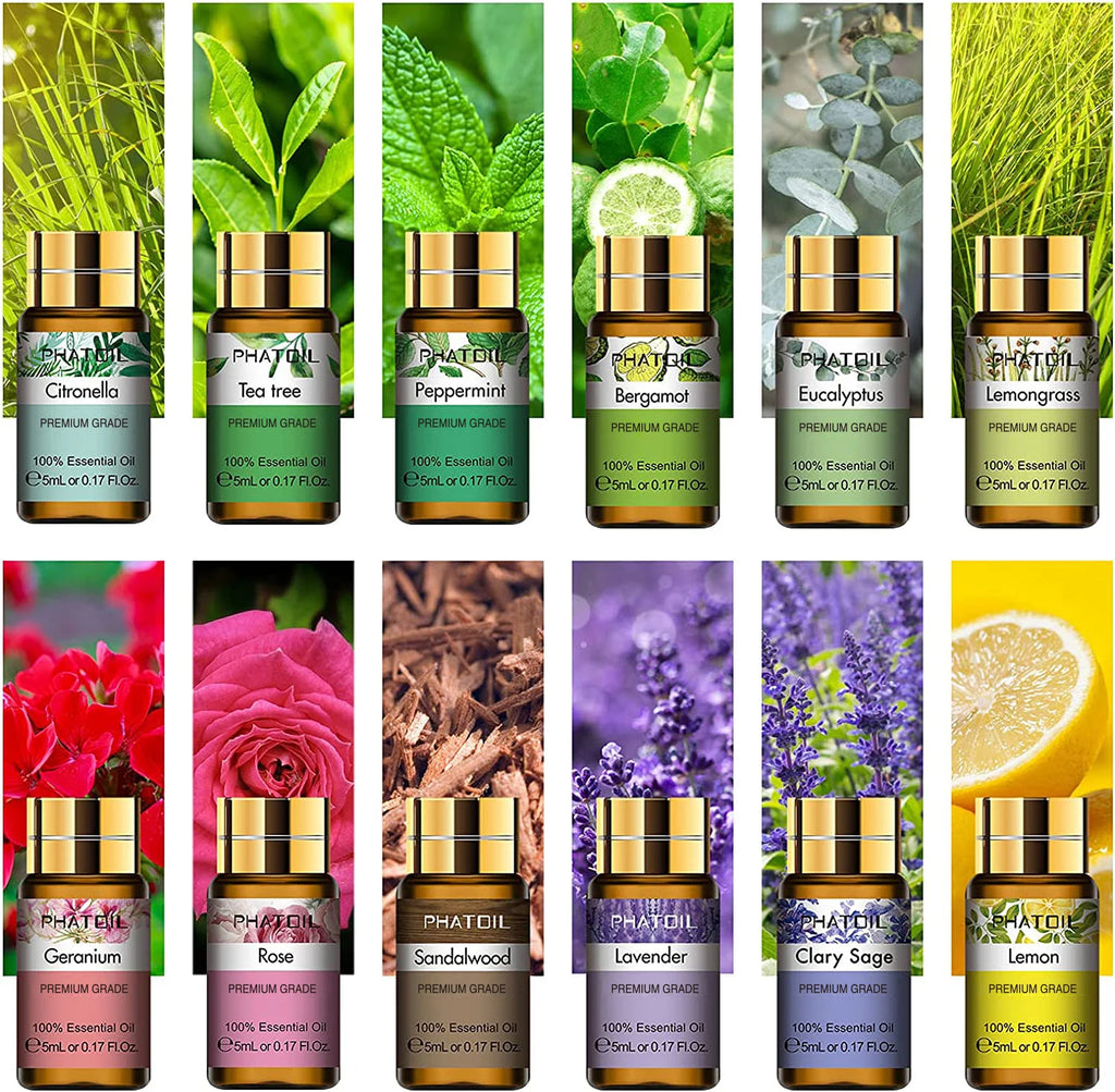 PHATOIL 12-Pack 5ml Essential Oils Gift Set — Pure Aromatherapy Oils for Diffusers, Humidifiers & Massage (Lavender, Lemongrass, Rose, Lemon, Tea Tree, Geranium)