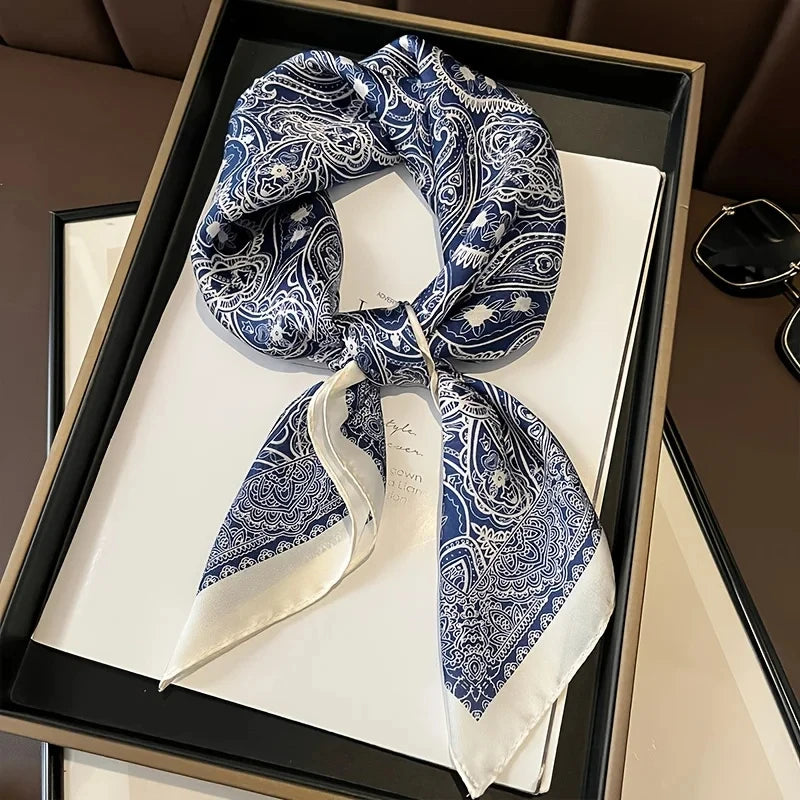 Luxury Square Silk-Feel Scarf 70 x 70 cm (27.6 x 27.6 in) Korean Fashion Floral Bandana Kerchief Wrap