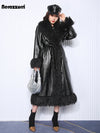 Nerazzurri Women's Long Quilted PU Leather Coat with Faux Fur Trim Oversized Belted Winter Coat with Pockets