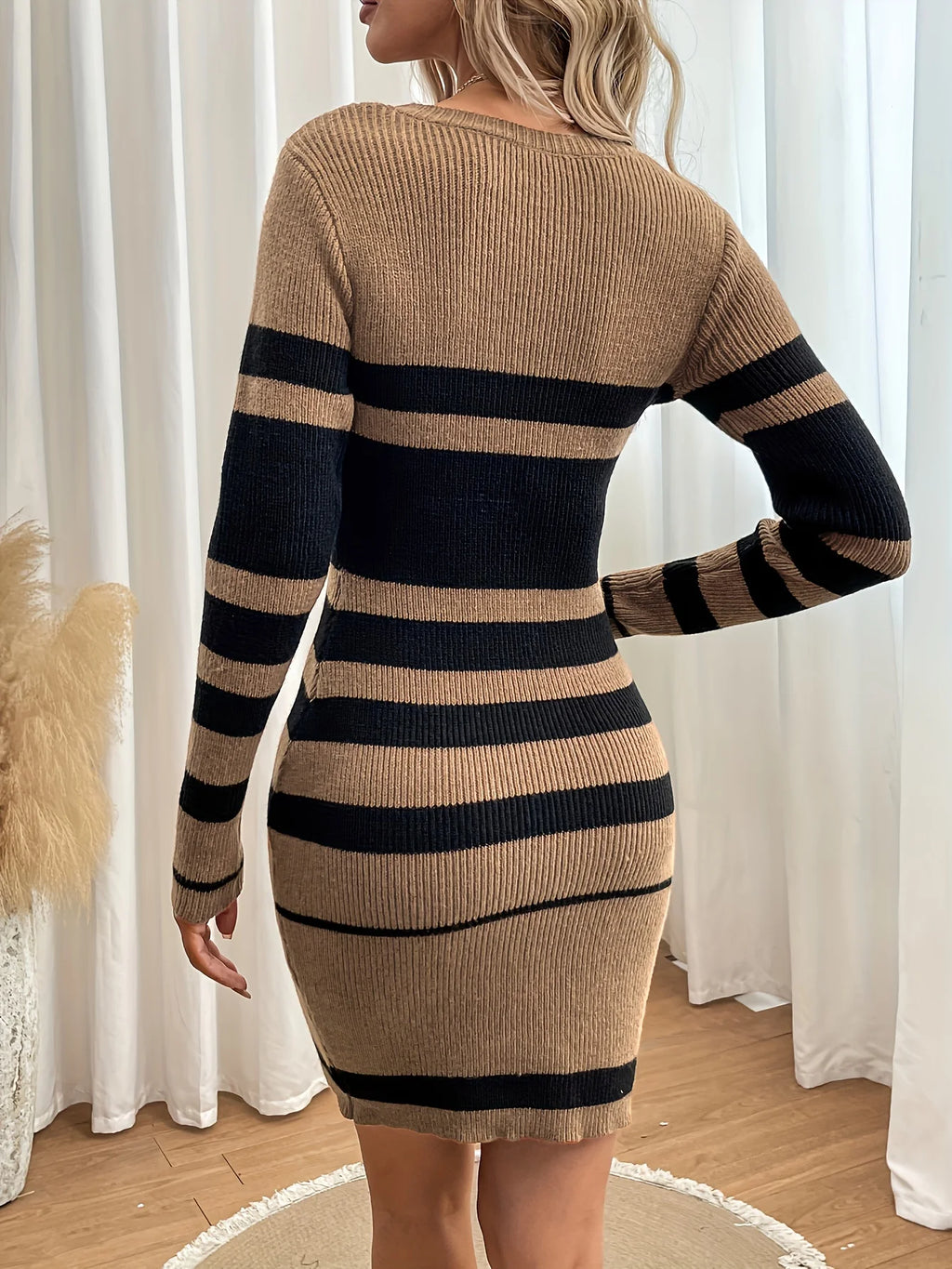 ITOOLIN Office Knit Striped A-Line Long-Sleeve Dress for Women – Slim Knee-Length Elegant Autumn/Winter