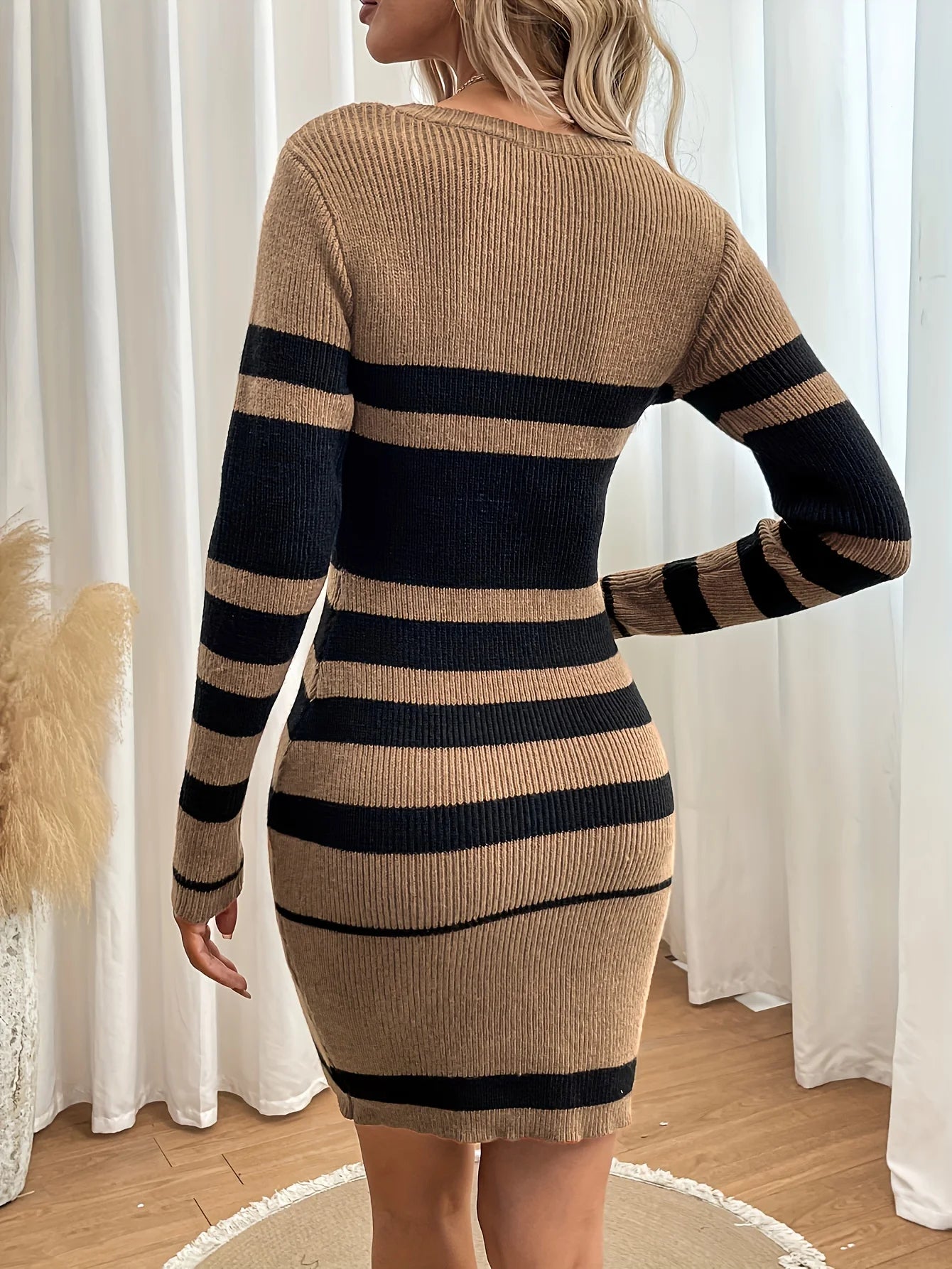 ITOOLIN Office Knit Striped A-Line Long-Sleeve Dress for Women – Slim Knee-Length Elegant Autumn/Winter