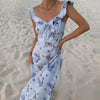 Floral Plunge Maxi Dress Backless V-Neck Sleeveless Ruffle Summer Beach Vacation Dress
