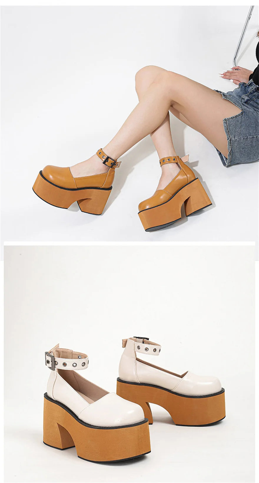 Women's Patent Leather Buckle Loafers – Retro Platform Pumps, 10 cm (3.94 in) Chunky Heel, 4 cm (1.57 in) Platform