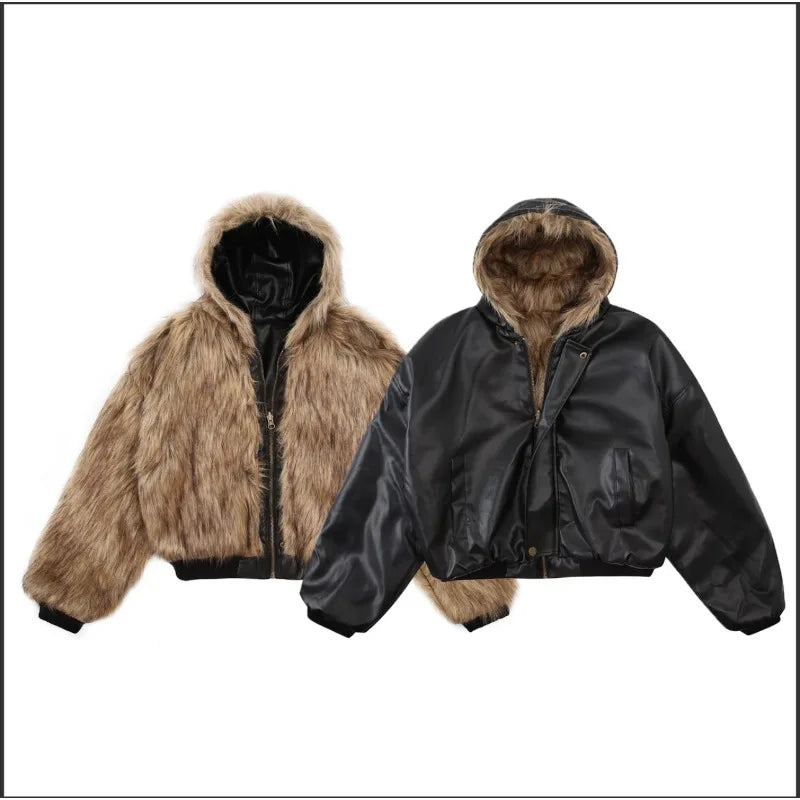 Women's Hooded Faux Fur Patchwork Coat – Short Shaggy Leather-Trim Warm Winter Jacket