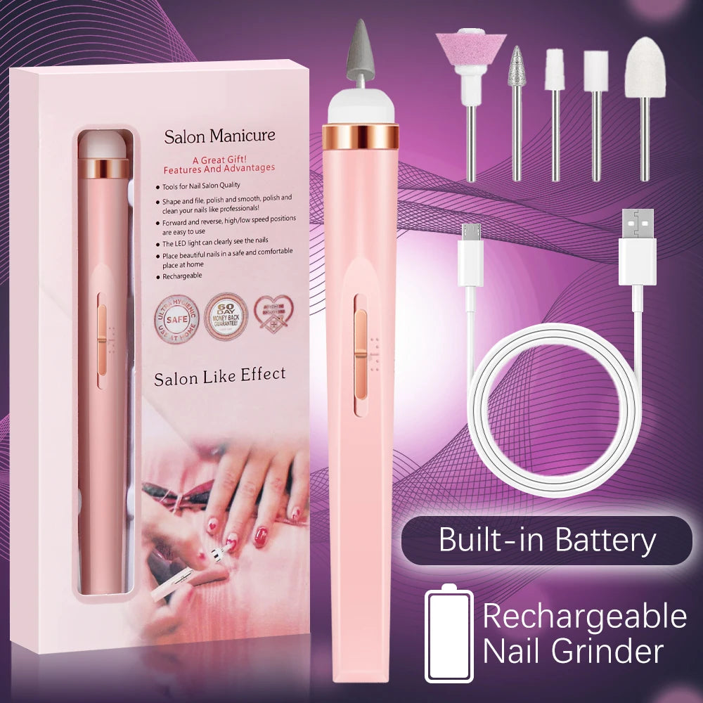 5-in-1 USB Rechargeable Electric Nail Drill Manicure Set - Portable Professional Nail File & Polisher for Gel, Acrylic & Salon Use