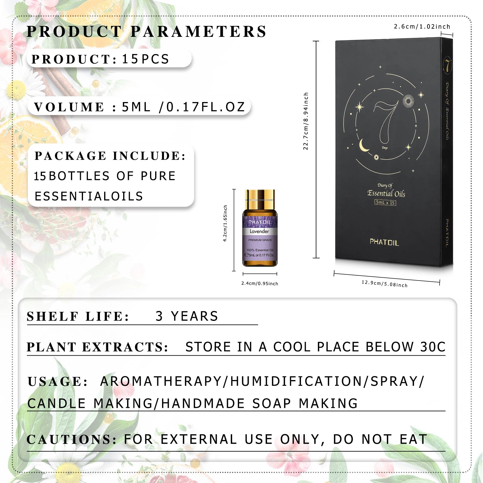 15-Piece Pure Essential Oils Set 5ml (0.17 fl oz) – Aromatherapy Oils for Diffusers, Humidifiers & Candle Making – Lavender, Vanilla, Peppermint, Rosemary