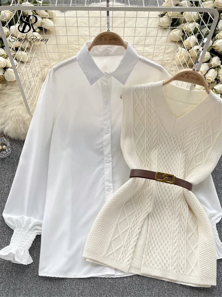 Women’s Office Knit Vest + Lantern Sleeve Blouse Set — Warm Thick Pullover Suit