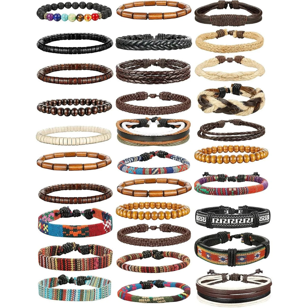 31-Piece Braided Leather & Hemp Bracelet Set for Men & Women - Wooden Bead Tribal Punk Multilayer Wristbands